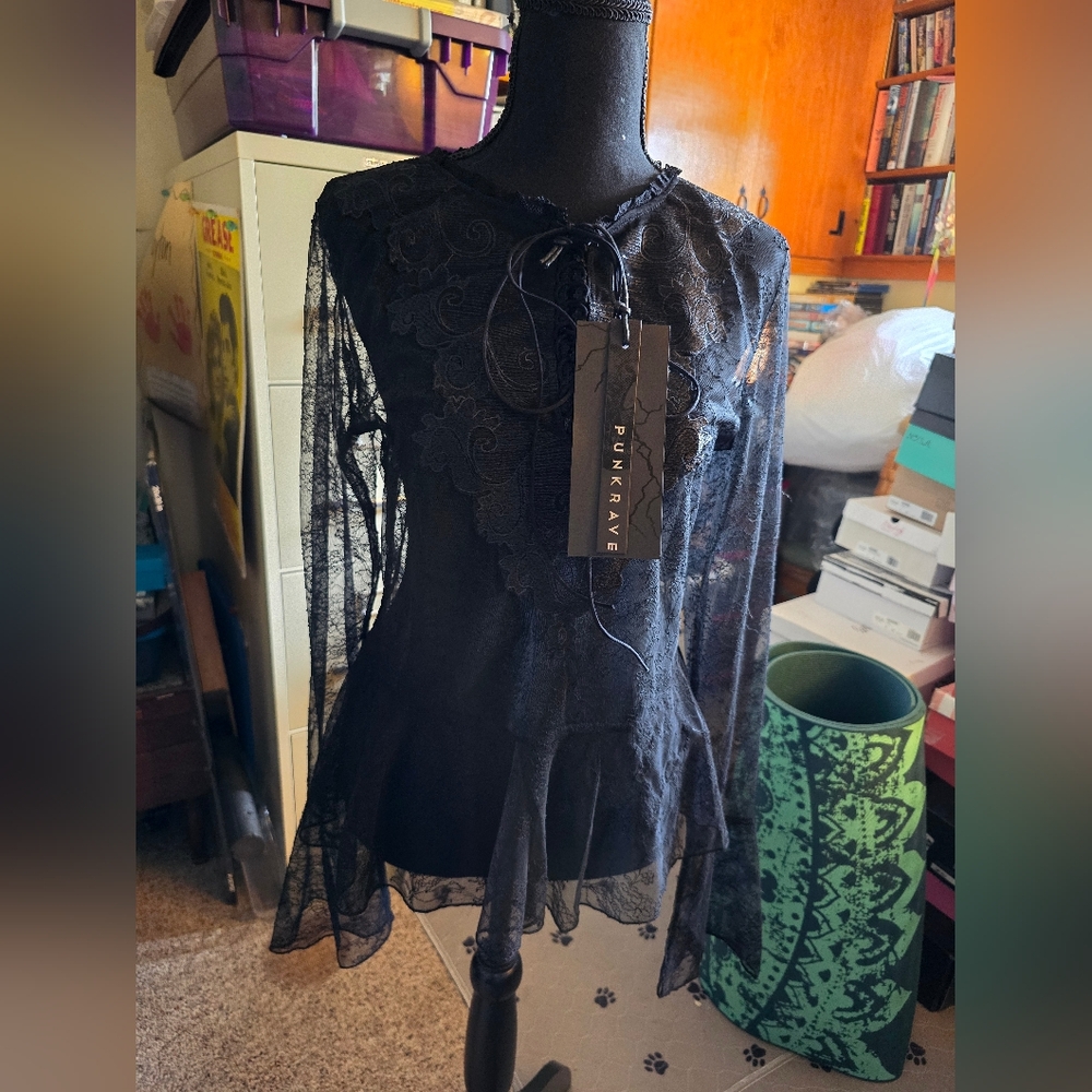 Punk Rave- Sheer Long Sleeve Blouse-Floral tie up front- Sz XL